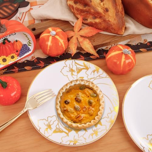 FLOWERCAT 60PCS Thanksgiving Plates & Gold Pumpkin Plates - Including 30PCS 10.25inch Thanksgiving Dinner Plates and 30PCS 7.5inch Dessert Plates for Giving Thanks Theme Party