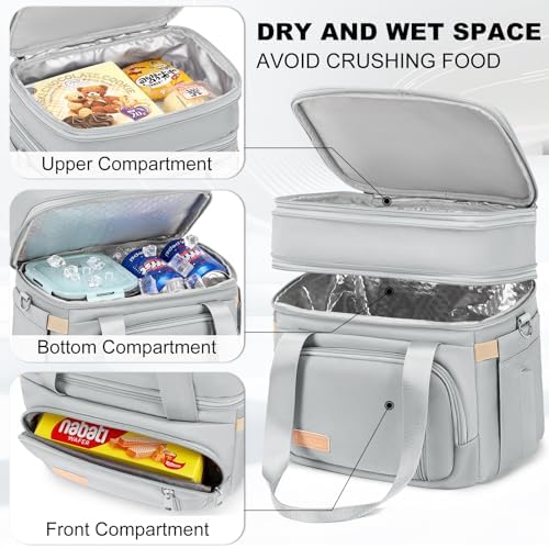 MAPLELILY Lunch Box for Men Women - Double Deck Insulated Lunch Bag, Large Leak Proof Tote Cooler, Wide Open Dual Compartment Lunch Bags with Shoulder Strap, For Work Picnic Hiking Beach, Grey