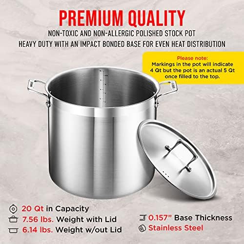 Stainless Steel Stockpot with Lid 20 Quart, Durable 18/8 Stainless Steel, Impact-Bonded Base for Even Heating, Riveted Handles, Oven & All Stove Compatible, Safe Up To 500°F (260°C)