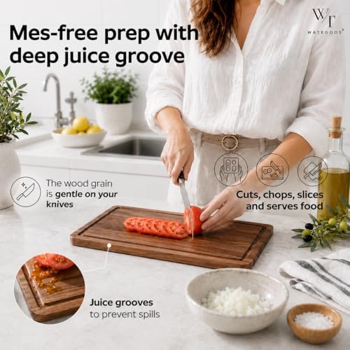 Acacia Wood Cutting Boards for Kitchen, Non-Toxic Cutting Board Set of 2, Chopping Boards with Deep Juice Groove for Meat, Cheese & Vegetables - Eco-Friendly & Medium & Small Sizes