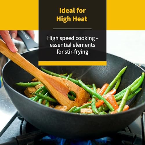 Ken Hom Stir Fry Wok 12" Aluminum Nonstick Pan with Soft Touch Handle and Flat Bottom, Black