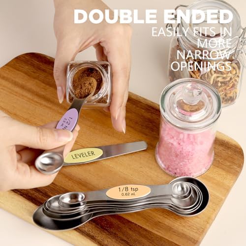 ChefAide Set of 8 Magnetic Measuring Spoons, Stainless Steel, Dual Sided