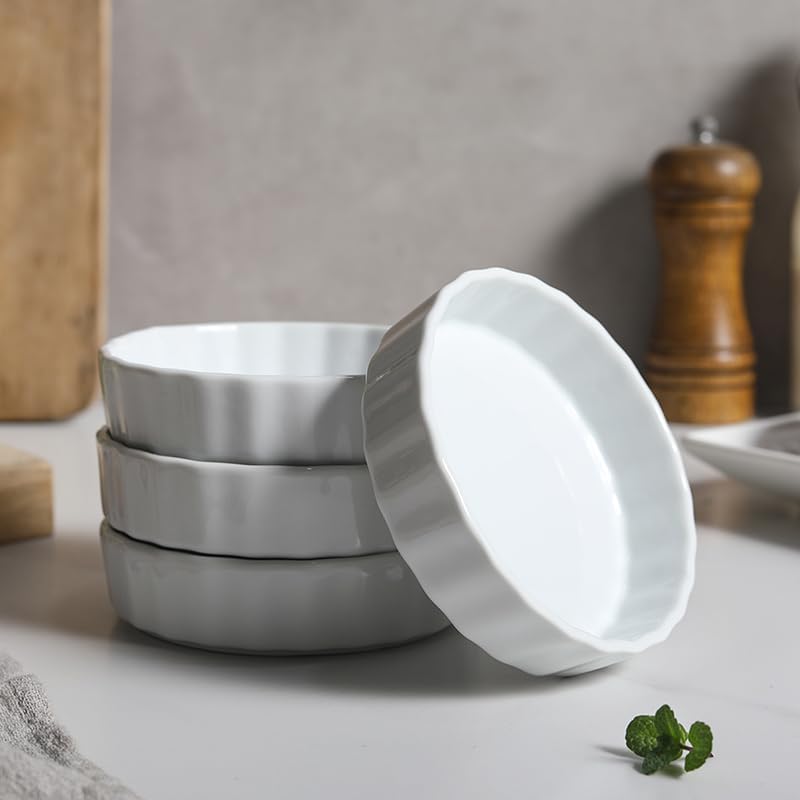 6 Oz Creme Brulee Dishes, Creme Brulee Ramekins Set of 6, Ceramic Brulee Souffles Dishes, Wave Round Ramekins Pie Pan, White Baking Dish for Dessert, Tart, Appetizers, Oven Dishwasher Safe