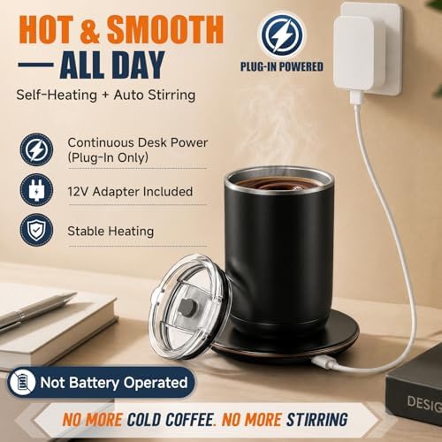 Self Heated Stirring Coffee Mug, 10oz Auto Mixing Cup with Warmer, Black