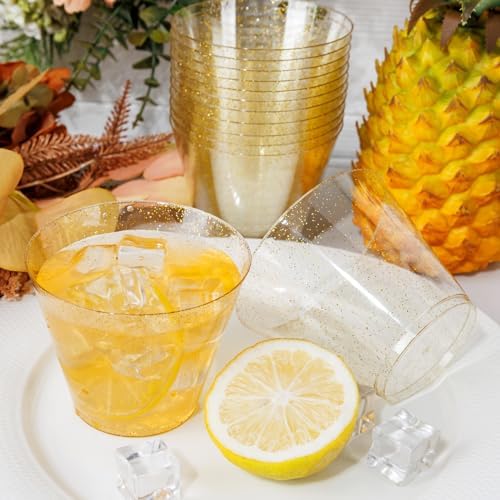 I00000 100 Pcs Gold Plastic Cups, 9 oz Hard Gold Glitter Disposable Cups