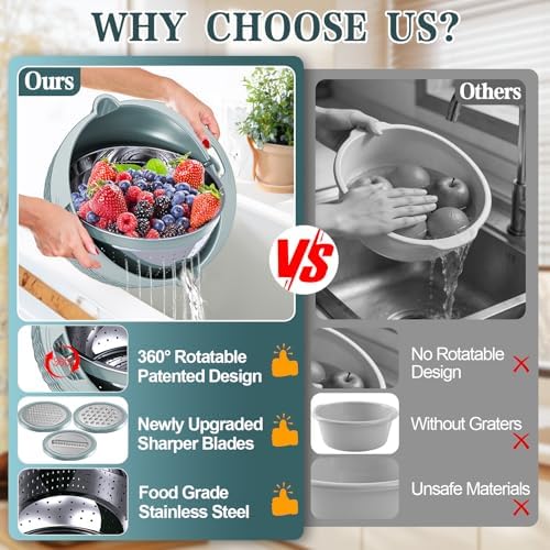 4-1 Colander with Bowl Set - Strainers for Kitchen(Patented), Food Strainers and Colanders, Pasta Strainer with New Upgraded Graters for Fruit, Veggie Washing, Aesthetic Cooking Present - Blue