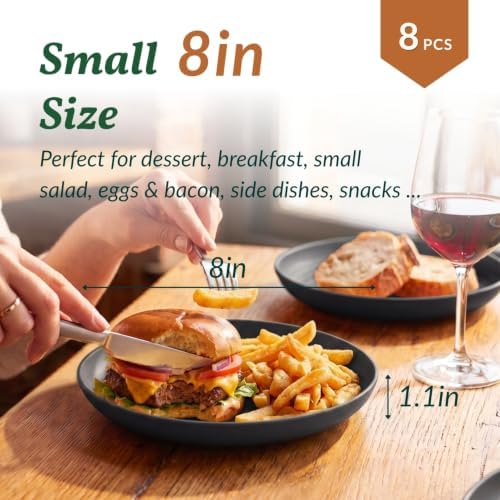 Homienly Wheat Straw Plates Unbreakable Deep Dessert Plates Set of 8 Plastic Plates Reusable Microwave Safe Plate for Kitchen Camping Party Dishwasher Safe Stackable Appetizer Plates (8in, Black)
