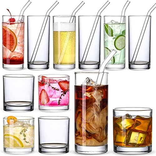 [ 12 Pack ] Glass Cups with Glass Straws, 12oz Highball & Rock Drinking Glasses, Everyday Drinkware Glasses Set, Cute Tumbler Cup, Kitchen Glasses for Iced Coffee, Water, Beer, Cocktail, Whiskey Gift.