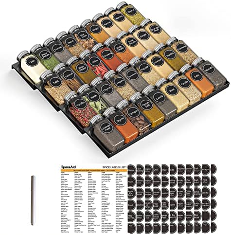 SpaceAid Spice Drawer Organizer with 36 Spice Jars, 386 Spice Labels, 4 Tier Seasoning Rack Tray Insert for Kitchen Drawers, 16.75" Wide x 17.5" Deep