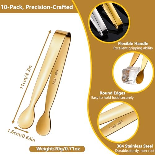 10pcs Mini Serving Tongs, 4.3" Stainless Steel Small Sugar Tongs, Ice Tongs Kitchen Mini Serving Tongs for Serving Food, Ice, Sugar Cube, Salad, Desserts, Coffee Bar, Tea Party, Desserts Party (Gold)