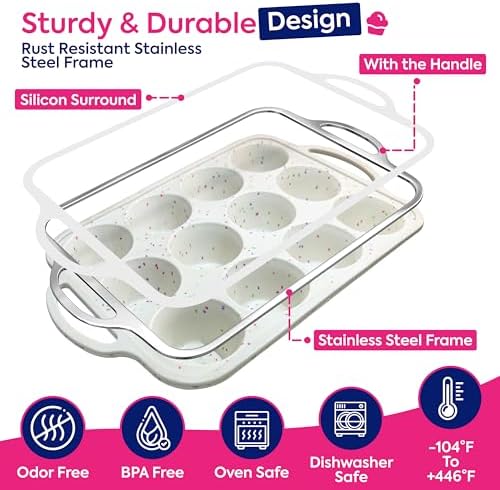 RICCLE 2 Pack Silicone Muffin Pan with Metal Frame, Cupcake Pans