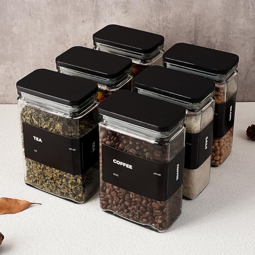 APT 1101 Glass Storage Jars with Bamboo Lid, glass canisters with airtight lids, Clear jars with lids for Spice, Cookie, Candy, Tea, Coffee Bean and Rice (Black, 26 oz, Set of 6)