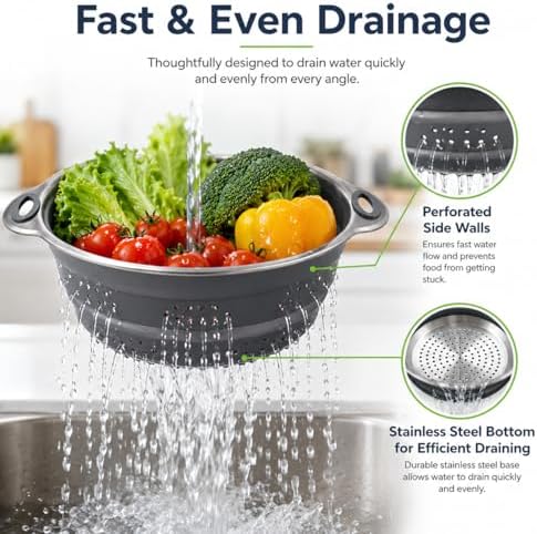Mejoncb Collapsible Colander – Platinum Silicone Strainer with Stainless Steel Base, BPA-Free & Heat Resistant Kitchen Drain Basket (Gery)