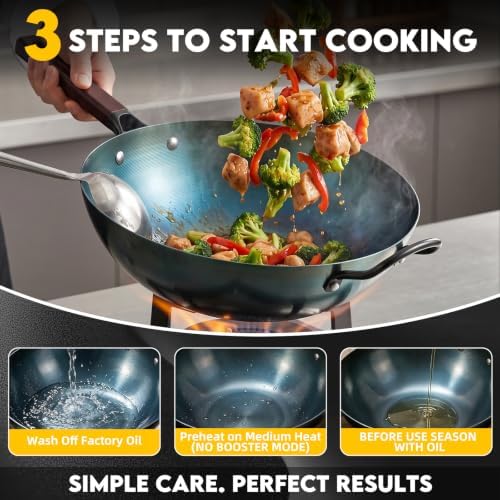 13.5" Blue Carbon Steel Wok, Pre-Seasoned Flat Bottom Wok Pan