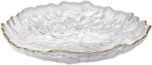 Glass Salad Bowl Irregular Lotus Flower Shape Serving Bowls, Mixing Nut Bowls for Kitchen Fruist, Snack, Dessert, and Ice Cream Candy Dishes (Plate with Gold Rim Crystal Clear, Small)