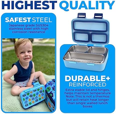 kinsho Small Stainless Steel Lunch Box for Baby Toddlers, Blue Cute Monster