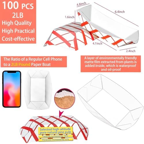 100 Pack 2Lb Paper Food Boat Trays Disposable Paper Boat Plate Containers, Kraft Food Serving Tray Boats Baskets Bowls for Snack Popcorn Dessert BBQ Hot Dog Sandwich Burger Taco Fries Nacho