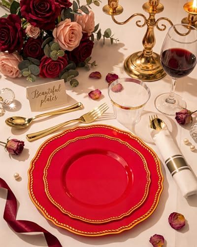 Hioasis 350 Pcs Red Gold Plastic Plates Wedding & Party