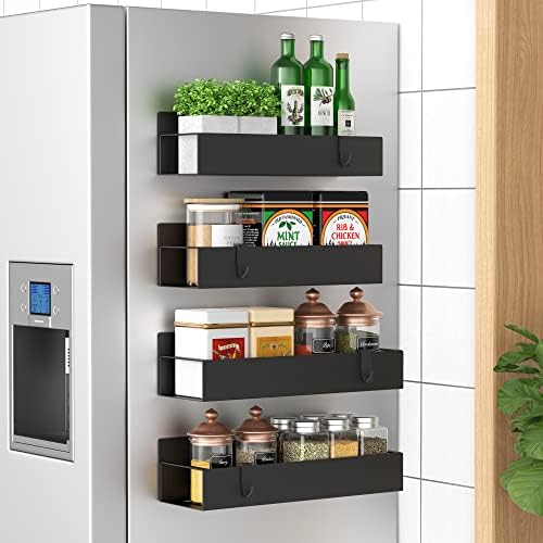 HuggieGems Metal Magnetic Spice Rack for Refrigerator with Hooks Matt Black