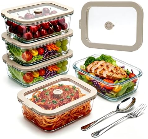 35 oz Glass Food Storage Containers with Glass Lids, 5 Pack, Airtight