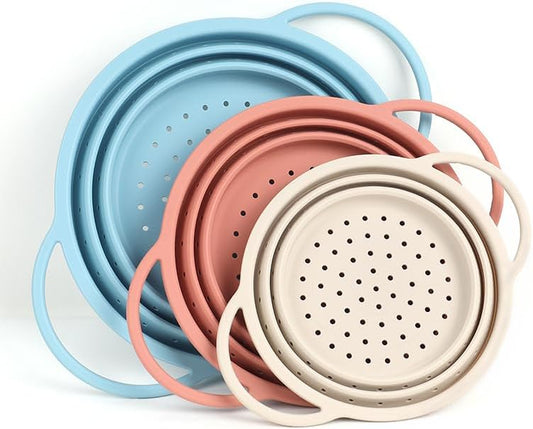 Collapsible Silicone Colander Set, Stainless Steel Rim (3 Pk)