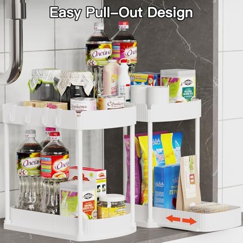 2 Packs Under Sink Pull-Out Storage Organizers, 14.8 Inches, White