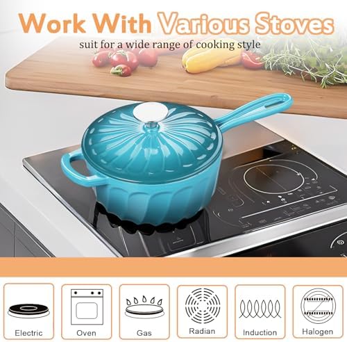 Enameled Cast Iron Sauce Pan with Lid, 2 Quart Saucepan with Lid