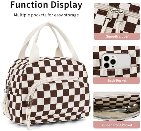 Lunch Bag Women Lunch Box for Women Adult Cute Insulated Lunch Bag Small Cooler Lunch Tote Bags for Work Picnic School (Coffee-White Plaid)