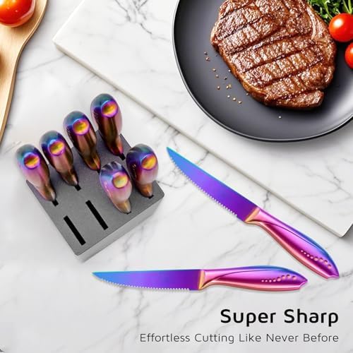 WELLSTAR Steak Knives Set of 8 with Wood Block, 4.75 Inch Rainbow Serrated Steak Knife Set, Razor Sharp German Stainless Steel with Full Tang Handle, Space Saving Steak Knife Set