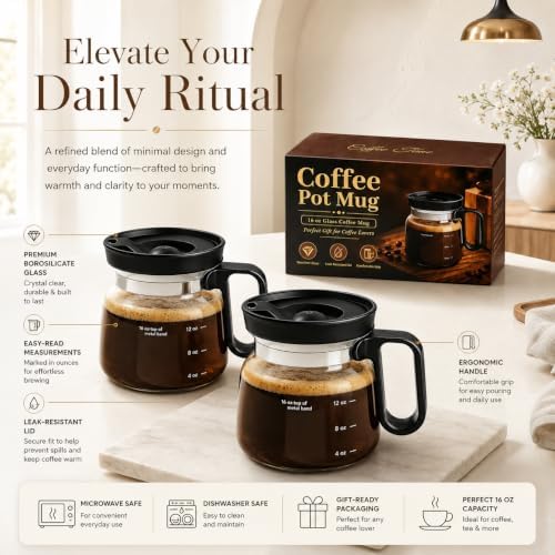 2 Pack 16oz Coffee Pot Mug,Mini Brew Coffee Pot Coffee Mug,with Leak-Proof Lid,Beautifully Gift‑Boxed,Ideal Coffee Gift for Coffee Lovers