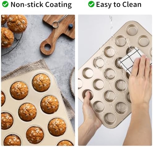 Beasea Nonstick Mini Muffin Pan 24 Cups, 2 Pack 24 Mini Small Tiny Cup Non Stick Muffin Baking Pan Tin Tray Carbon Steel Bakeware Individual Cupcake Baking Pan - Gold