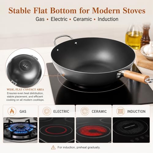 WANGYUANJI 14.2" Carbon Steel Wok with Lid, Flat Bottom Chinese wok