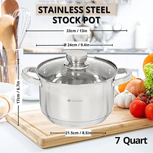 Daniks Standard 7 Quart Stainless Steel Stock Pot with Glass Lid, Try-Ply Bottom for Even Heating, Induction Compatible, Dishwasher Safe, Built-In Measuring Scale, Silver