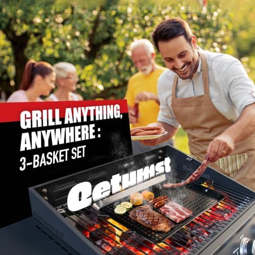 Qetumst Large 3 PCS Grill Basket Set for Outdoor Grill, Veggie Grilling Pan