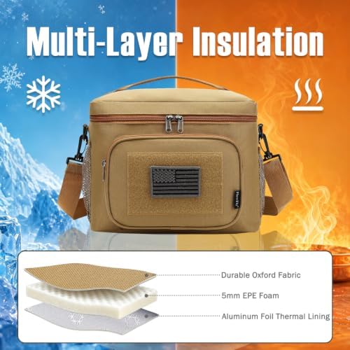FlowFly Lunch Bag, Insulated Cooler, Thermal Lunch Box Tote with MOLLE/PALS Webbing, Adjustable Padded Shoulder Strap, for Tactical Men Women Adults and Boys Girls Kids (Brown, Large)