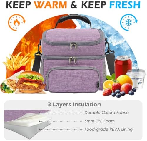 FlowFly Double Layer Cooler Insulated Lunch Bag Adult Lunch Box Large Tote Bag for Men, Women, With Adjustable Strap,Front Pocket and Dual Large Mesh Side Pockets