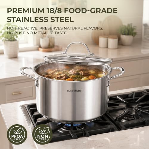 SUNHOUSE 3.5 QT Fully Clad Tri-ply Stainless Steel Stock Pot with Glass Lid
