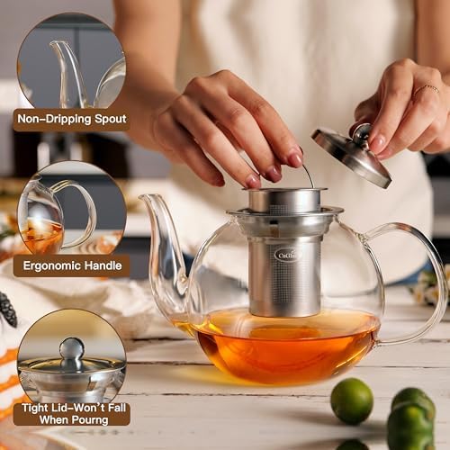 CNGLASS 600ml Glass Teapot with Removable Infuser,Clear Tea Kettle Stovetop Safe,Blooming and Loose Leaf Tea Maker