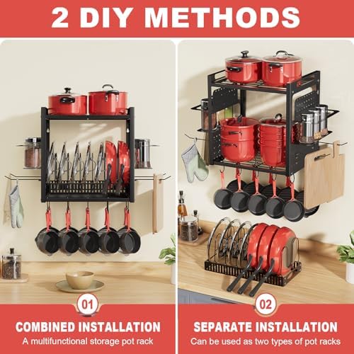 Wall Mounted 16" Pot Rack，2 Tier Kitchen Pots & Pan Organizer with 10 Hooks
