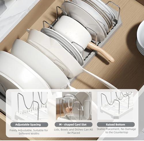 Expandable Pot and Pan Organizer Rack for Kitchen Cabinet or Under Sink, Adjustable Lid Holder with 7 Dividers, Space-Saving Storage for Renters, Small Homes, and Busy Cooks, White