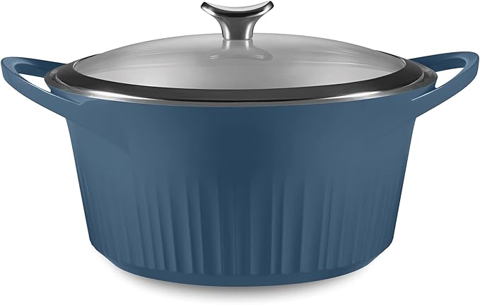 CorningWare QuickHeat 5.5-QT Cast Aluminum Dutch Oven With Lid & Non-Stick Ceramic Interior, Lightweight and Fast Even Heat Baking & Cooking, For Meats, Soup, Browning, Searing, French Navy