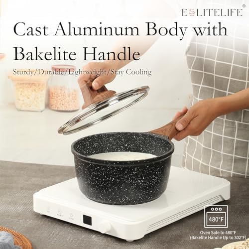 ESLITE LIFE Nonstick Sauce Pan with Lid, 1.5 QT Small Soup Pot Compatible with All Stovetops (Gas, Electric & Induction), PFOA Free, Black