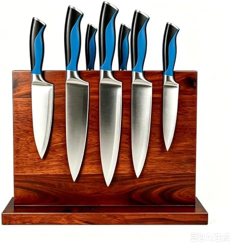 Magnetic Knife Blockr- Acacia Wood Strong Magnetic Knife Holder, Secure Knife Storage Organizer | Chef Tools & Space Saving for Kitchen Knives (brown)