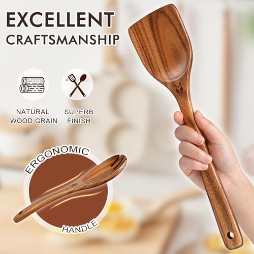 9Pcs Wooden Spoons for Cooking, Wooden Utensil Set with Holder & Spoon Rest