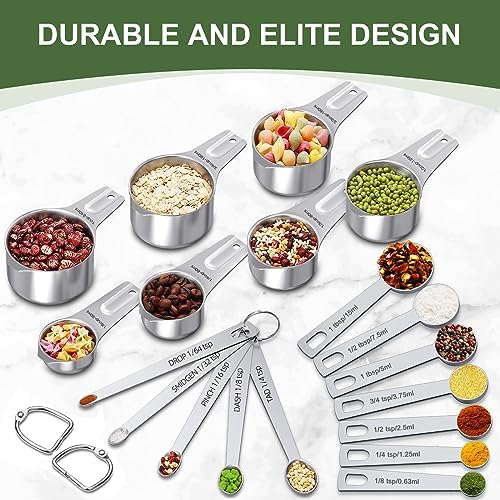 EWFEN Measuring Cups and Spoons Set, 7 Stainless Steel Nesting Measuring Cups & 7 Spoons, 5 Mini Measuring Spoons & 2 Detachable Rings, Kitchen Gadgets for Cooking & Baking, Round