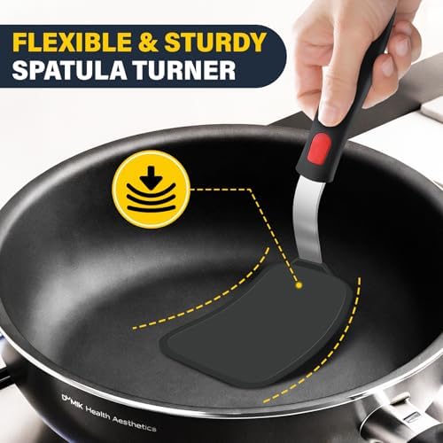 Silicone Spatula Set, Heat Resistant Solid & Slotted Turner for Non-Stick Pans, Silicone Cooking Utensils Set, BPA-Free, Flexible Spatula Turner for Flipping Eggs, Burgers, Pancakes, Black, 3 PCS-A