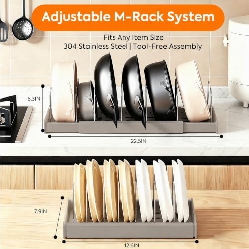 2 Pack Expandable Pots and Pans Organizer under Cabinet, Adjustable Pot Lid Organizer Rack with 9 Stainless Steel Dividers, Food Container Lid Holder for Kitchen Countertop Storage (Gray)