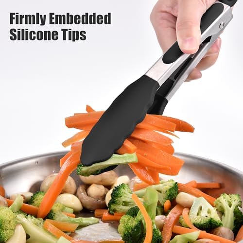 Doosu Kitchen Tongs with Silicone Tips for Cooking Serving (7in, Black)
