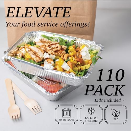 (110 Pack) 2.25LB Aluminum Containers with Lids 8.5"x6" - Disposable Foil Pans for Takeout, Baking, Freezing, Food Storage - Aluminum Pans, To Go Containers with Plastic Lids