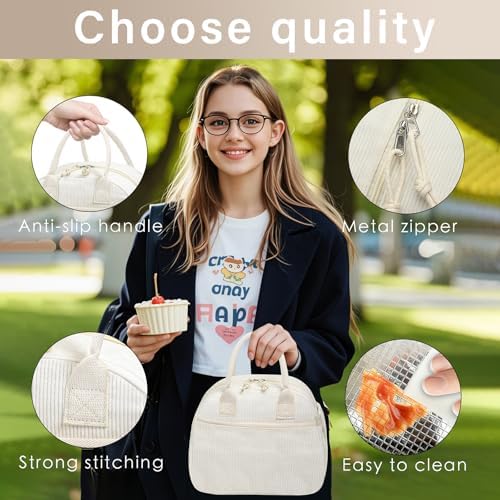 Carry bloom Lunch Box for Women, Insulated Lunch Bag Cute Corduroy Lunchbag Reusable Lunchbox for Work (1 navy blue stripes)
